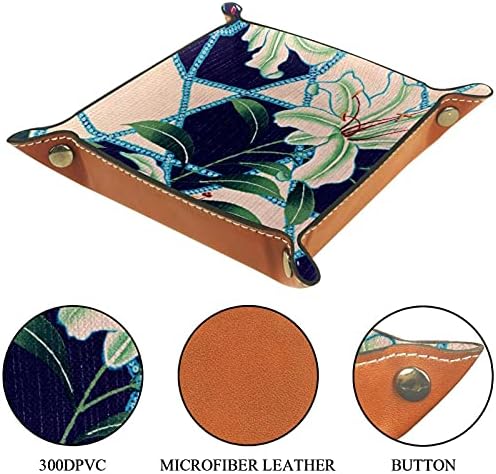 Bandeja de manobrista de couro, bandeja de dados suporte quadrado dobrável, placa organizadora de cômoda para trocar a chave da moeda, o japonês flor azul geométrico lírio verde vintage