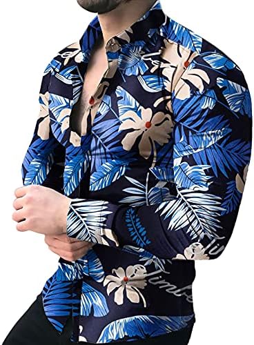 Camisas masculinas da Beibeia botão de outono de manga comprida, camisa havaiana folhas relaxadas folhas florais vintage casual praia tops