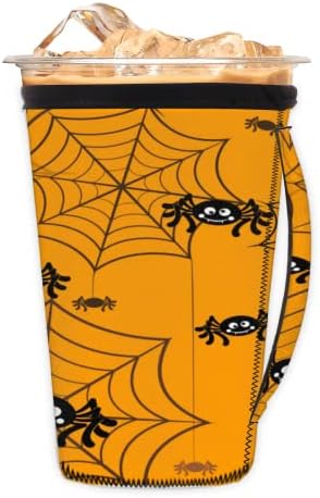 Halloween Spider Web Yellow Reutilable Iced Coffee Slave com manga de neoprene para refrigerante, café com leite, chá, bebidas, cerveja