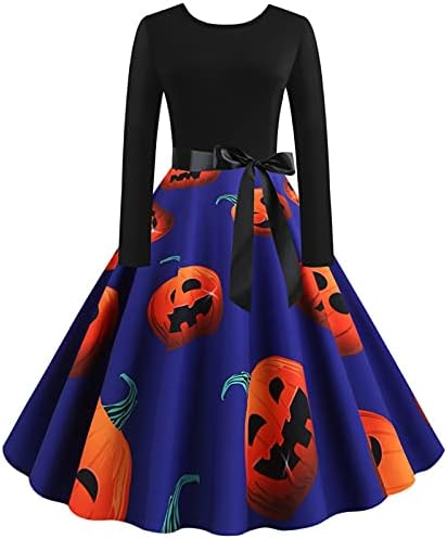 Vestido de Halloween para Mulheres 1950s Vintage Manga Longa Vestidos de Pumpa Pumpkin Print Retro o Neck Rockabilly