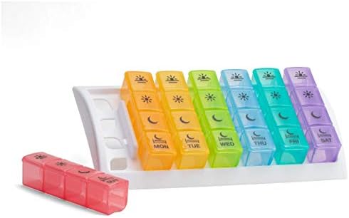 Ezy Dose Weekly Pill Organizer, Vitamin and Medicine Box, compartimentos pop-out x-grande, 4 vezes por dia, tampas de arco-íris