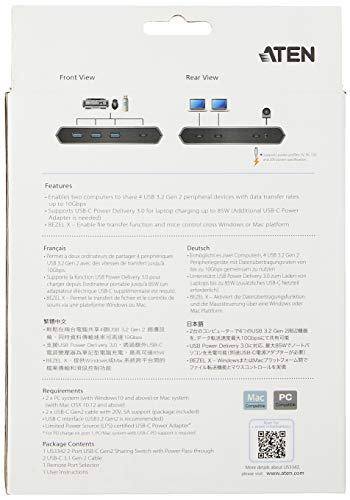 ATEN 2 -PORT USB -C GEN 2 Compartilhamento de compartilhamento com Power Pass -through - USB 3.1 Tipo C - Externo - 4 Porta USB -