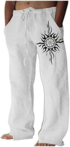 Calças de linho de algodão masculino de verão, cintura elástica solta bolsões de cordão calça calças de exercícios leves leves casuais