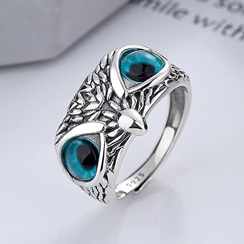 FUNYCHEN 925 STERLING SLATER Demon Eye Owl Ring com pedras azuis para homens homens amantes de meninas retrô animal ajustável Ajuste anel de jóias Presente de jóias