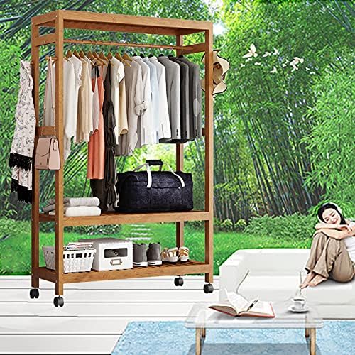 Rack de roupas de bambu LJHSS, prateleiras de armazenamento de duas camadas, rack de penduramento, com rodas 4 ganchos, para