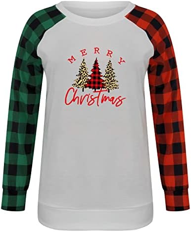 Top de pulôver de feliz natal para mulheres xadrez xadrez de manga longa camisas de impressão de árvore de Natal