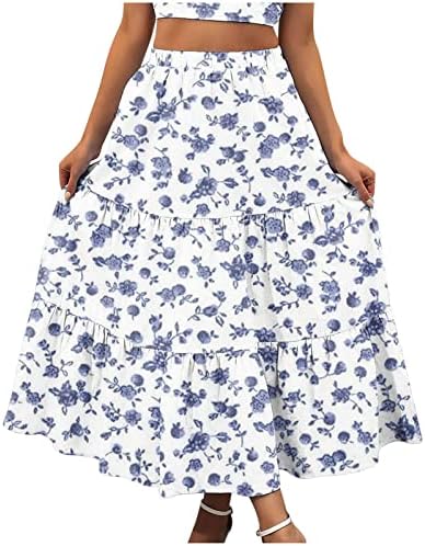 Salia de estampa floral de verão para mulheres elásticas da cintura Ruffle Ruffle Midi Shairs Fashion Pleated Flowy Beach Salia com bolsos