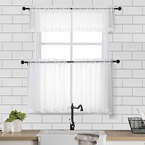 Quyhomenyc White Pure Valances for Windows 2 pacote, pequenas cortinas de cozinha de janela para a sala de estar com o porão de lavanderia do banheiro, cortina de bolso de bolso de haste dupla moderna, 42W x 14L polegadas, branco