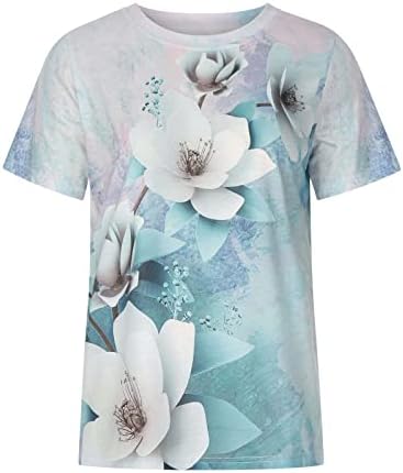 Blusa do brunch Mulheres 2023 Manga curta Crewarco de pescoço de pescoço algodão impressão Floral Flore Fit Top Top para meninas