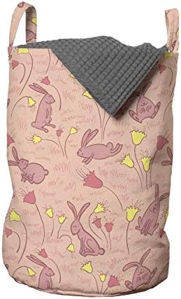 Bolsa de lavanderia de animais de Ambesonne, coelhos com flores Flora de primavera pastel e ilustração da fauna, cesta de cesto com