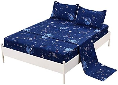 Mag 4 PCs Bedding Set Space Space Sheets Planets Stars Rockets Ficha Full para crianças adolescentes e amantes espaciais, microfibra