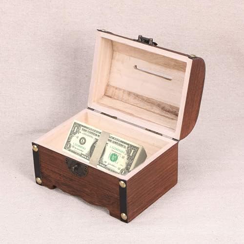Caixa de armazenamento de baú de tesouro de madeira retrô, caixa de moedas de tesouro de madeira Bank Piggy com bloqueio