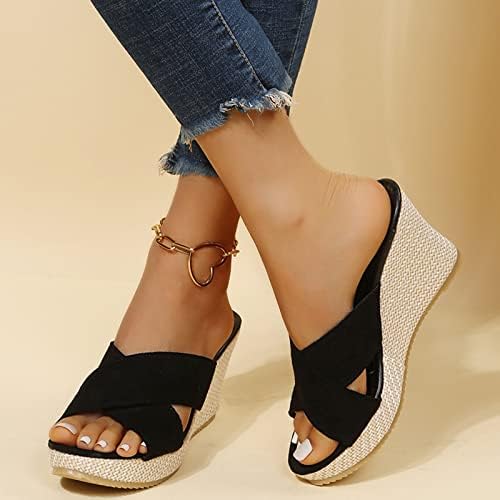 Mulheres Slippers Slippers Summer Senhoras Moda de verão Camurça de correntes de correia Taça Tecido Sapatos de Las de cunha inferior