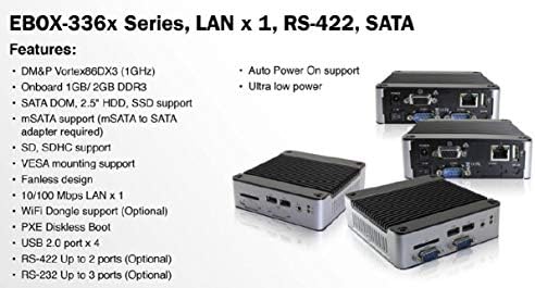 Mini Box PC EB-3360-L2SSP suporta saída VGA, porta MPCIE x 1 e energia automática ligada. Possui Ethernet de 1 porta 10/100 Mbps