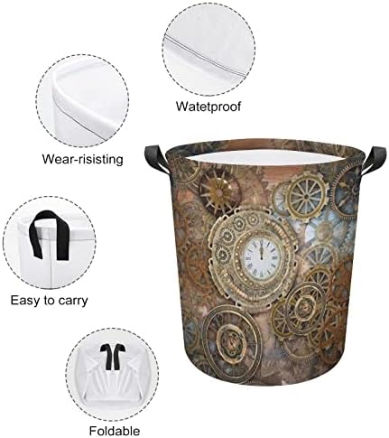 Relógios e engrenagens retro steampunk cestas de lavanderia com alças à prova d'água Rouno dobrável Hampers Storage Bag Organizer