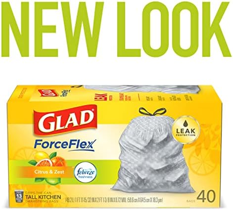 Glad® Forceflex Alto de cozinha de cordão de lixo de cordão, citros e raspas, 13 gal, 40 ct