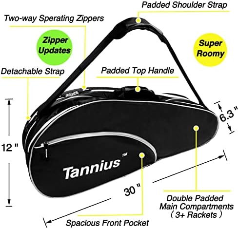 Bolsa de tênis de raquete de Tannius 3, com compartimento de sapatos e telefone e almofada de proteção, super espaçada e leve