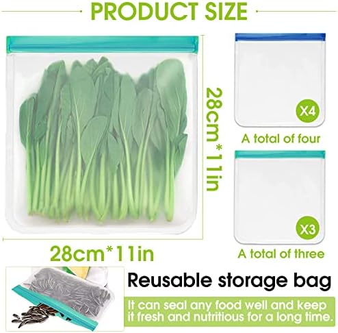 Lomsioy 7 Pacote de sacos de armazenamento de alimentos reutilizados fáceis de vedação impedem vazamentos de sacolas de zíper