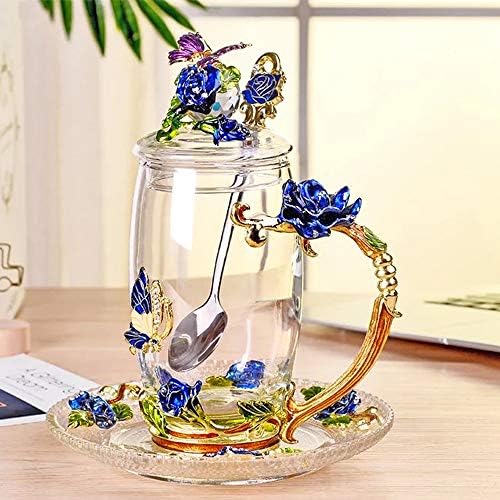 Copo de chá de vidro Caneca de café, copo de flores de artesanato vintage 3D com montanha -russa e colher de chá, borboleta