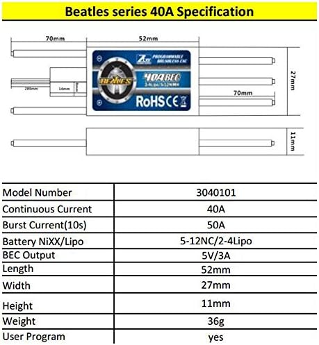 ZTW 40A Brushless ESC com Bec 3A/5V Speed ​​Controller para RC Airplane and Helicopter