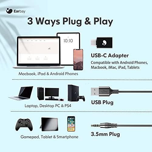 Fone de ouvido USB com microfone para laptop, fones de ouvido de 3,5 mm com cancelamento de ruído de microfone para PC, fones