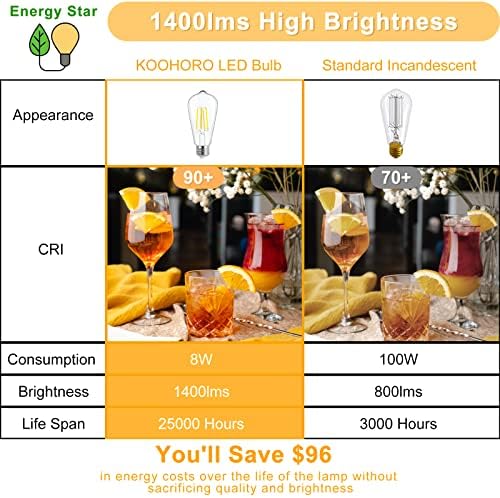 Lâmpadas de lâmpadas LED de Koohoro equivalente a 100 watts, 8W E26 LED BULLB1400LUMens Alto brilho Bulbos LED vintage