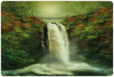 Nature Lunarable Pet tapete para comida e água, cascata majestosa fluindo pelas rochas e ponte velha em obras de arte florestais, retângulo