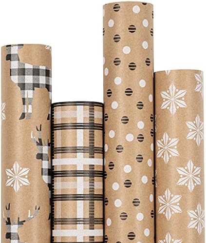 Papel de embrulho de natal Ruspepa, papel kraft - veados, floco de neve e designs de estilo xadrez - 4 rolos - 30 polegadas