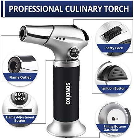 Sondiko Kitchen Torch S901, tocha de solda, tocha de butano recarregável com trava de segurança e chama ajustável para