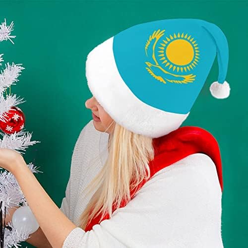 Cazaquistão Bandeira Plexh Christmas Hat de Chapéus de Papai Noel e Belos chapéus com borda de pelúcia e decoração de