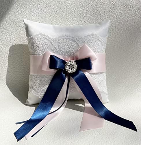 Uwedding renda de pérola anel de casamento almofada de travesseiro portador de 8,26 polegadas com rosa marinho de fita azul