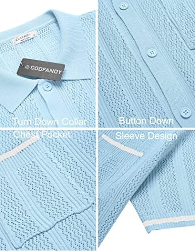 Coofady Men's Manga curta Camisas de malha de malha de botão vintage Down Polo Polo Casual Beach Tops