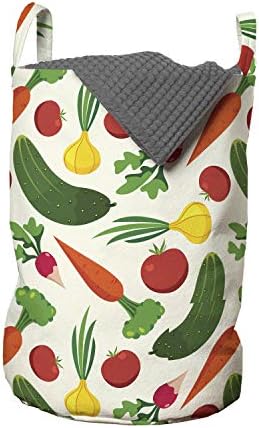 Bolsa de lavanderia de vegetais de Ambesonne, cebola de picles de arranjo de desenhos vegetarianos e tomate no cenário branco, cesto