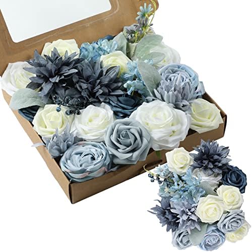 Mankayoo Flores artificiais Flores azuis empoeiradas Flores de seda falsas para buquês de casamento DIY Mesa Central Pieces