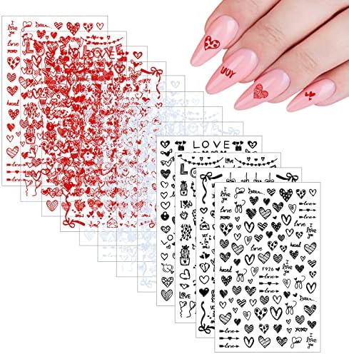 Cobee 12 folhas Decalques de unhas de unhas adesivos, autodidata adesiva de coração adesivos de unhas 3D Manicure decoração DIY