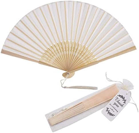 SL Crafts 50 sets fã de mão de seda imitada com borlas e sacos de presente e agradecimento de teto de presente fãs de mão dobrável fãs de bambu dobrado fã de fã de fã de casamento