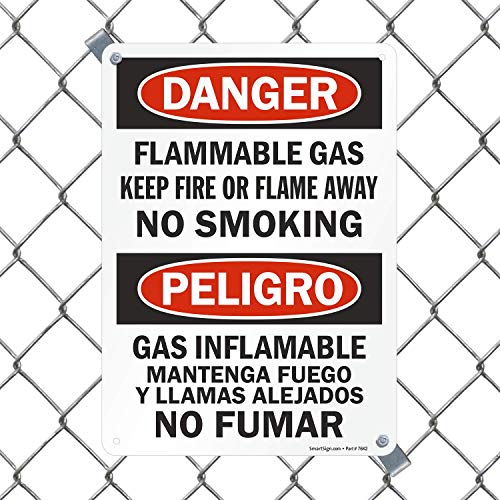 SmartSign “Danger - Gas inflamável, mantenha fogo ou chama longe, não fumar” sinal bilíngue | 10 x 14 plástico