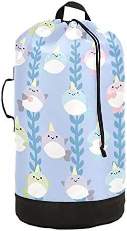 Fish Unicorn Laundry Bolsa de lavanderia pesada Mochila com alças e alças de ombro Viagem Bolsa de roupa com tração de tração