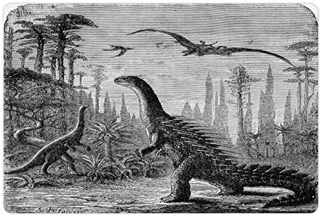 Fantasia lunarável tapete de estimação para comida e água, dinossauros dragões em uma paisagem de araucaria pré-histórica na