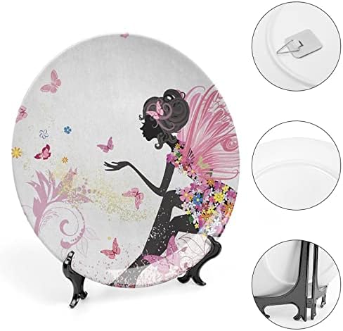Placa decorativa de 8 polegadas, prato de cerâmica feminina, fada menina com asas em vestido floral magical fantasia estampar