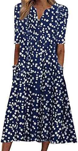 Vestidos de verão para mulheres Floral Manga curta Maxi Dress Trendy V Neck Button Up Beach Dress Casual Longe Long Dress