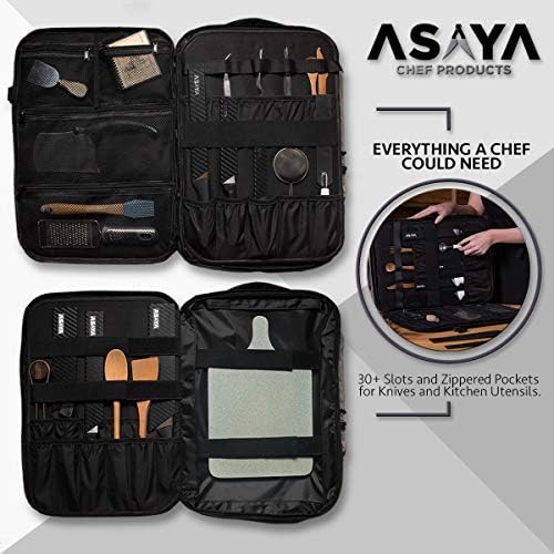 Mochila de faca de Chef Asaya com 20 bolso de bolso - mais de 30 bolsos para facas e utensílios de cozinha - Nylon encerado resistente a manchas - acolchoado para proteção extra - facas não incluídas