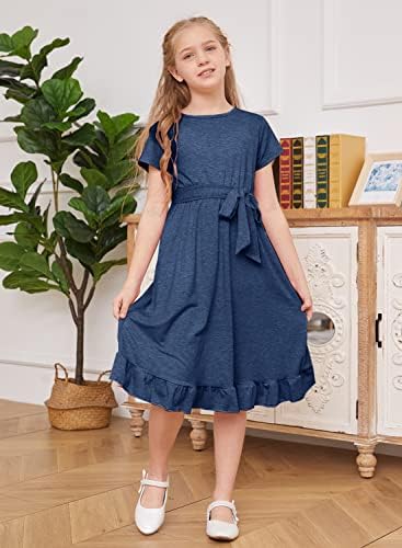 Mitilly Girls Summer Summer Crewneck Manga curta A-line Ruffle Casual Midi Dress com bolsos de 6 a 12 anos