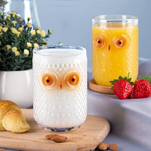 Alamhi coruja xícaras de vidro canecas fofas, conjuntos de copos vintage de 2 copos de bebida, xícaras de vidro em forma de copo de vidro colorido de copo de copo de vidro, decoração de bola de coruja, decoração de presentes