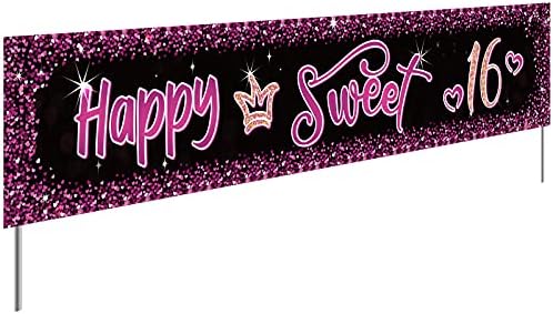 Feliz Sweet 16 Birthday Banner Banddrop, Menina de 16º aniversário da decoração de grama - streamer de festa ao ar