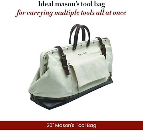 Estilo N Craft 20 Saco de ferramentas de Mason, bolsa de armazenamento de ferramentas de lona com fundo de couro de grão completo, bronzeado branco e escuro