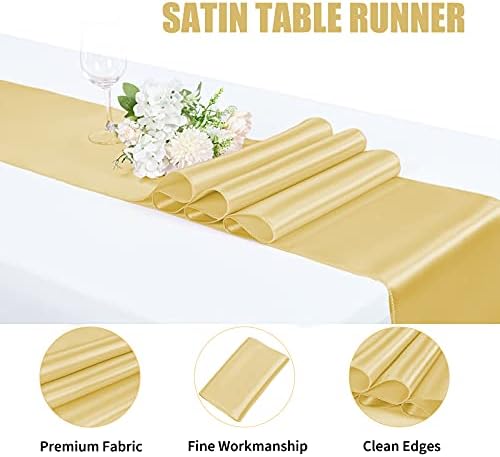 6 Pacote de tabela de cetim corredora de ouro 12x108 polegadas e 6 toalhas de mesa de plástico descartáveis ​​Tabela à prova