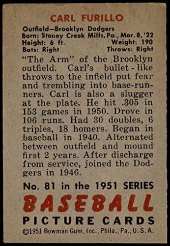 1951 Bowman 81 Carl Furillo Brooklyn Dodgers VG/Ex Dodgers