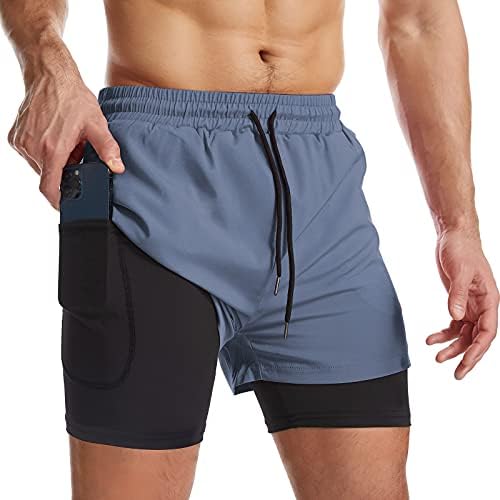 SURENOW Mens 2 em 1 shorts de corrida shorts atléticos secos rápidos com revestimento, shorts de treino com bolsos com zíper e loop de toalha