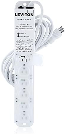 Leviton 5306m-1S5 Surgem de pérola de grau médico Tira de proteção de proteção, 15-AMP, 125 volts, 6 saídas, comprimento do cabo